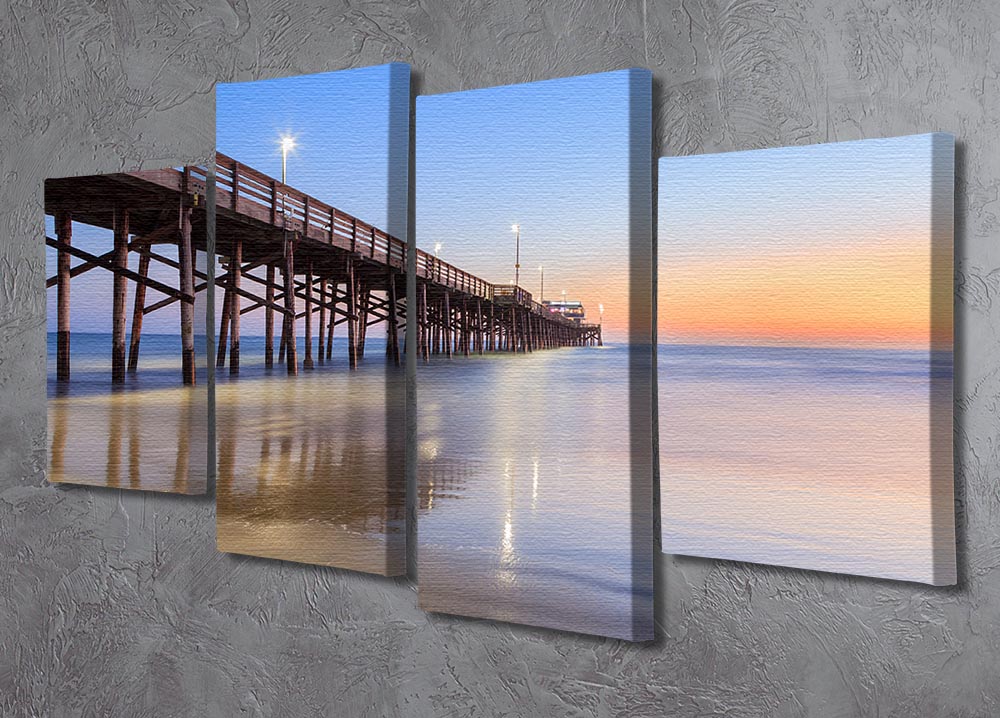A beautiful 4-panel canvas artwork depicting the Newport Beach pier at sunset, showcasing vibrant colors and serene coastal scenery.