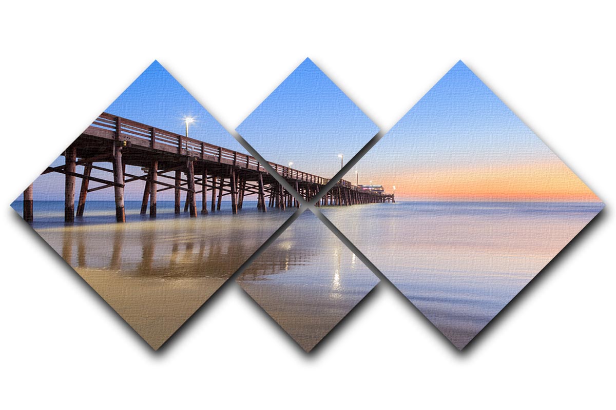 A beautiful multi-panel canvas artwork depicting the Newport Beach pier at sunset, showcasing vibrant colors and serene scenery.