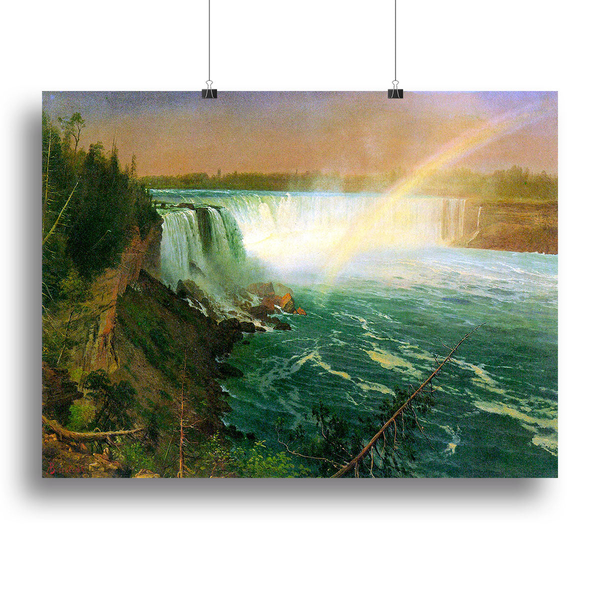 A beautiful canvas print of Niagra Falls, showcasing the stunning waterfall surrounded by lush greenery and a clear blue sky.