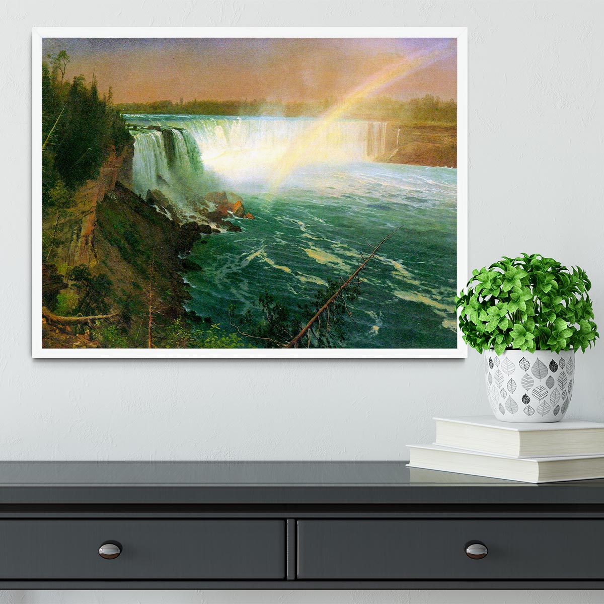 Framed print of Niagra Falls by Bierstadt, showcasing vibrant colors and intricate details in a handmade frame.