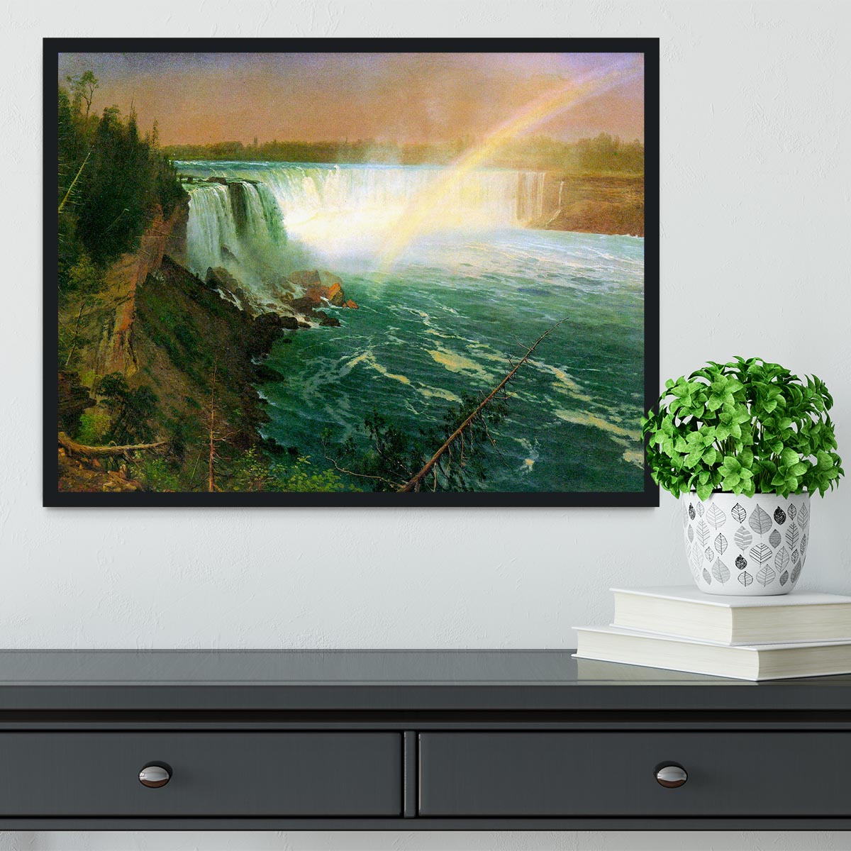 Framed print of Niagra Falls by Bierstadt, showcasing vibrant colors and intricate details in a handmade frame.