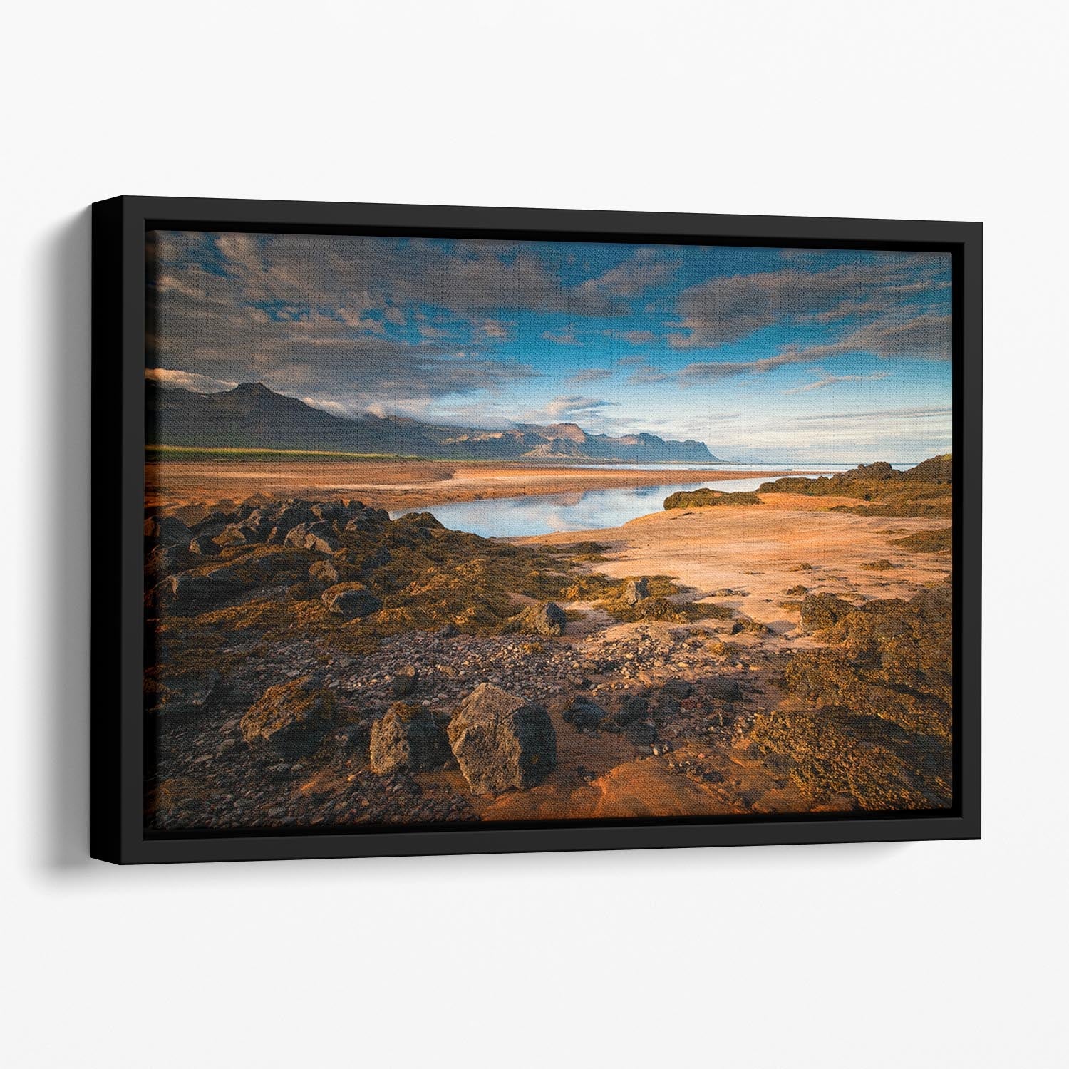 A vibrant abstract canvas art piece framed in a sleek floating frame, showcasing colorful patterns that enhance modern home decor.