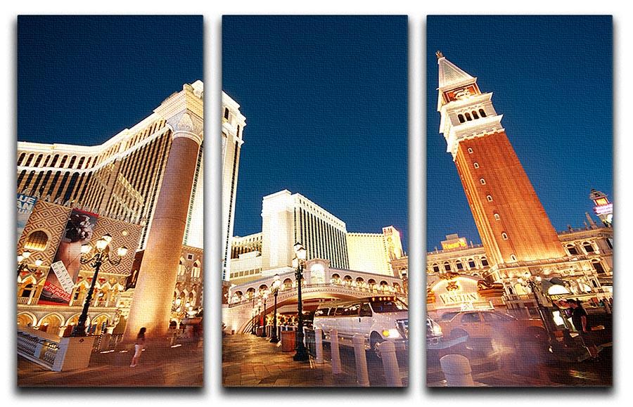 A stunning 3-panel canvas print depicting vibrant night scenes from Las Vegas, showcasing the city's iconic skyline and lights.