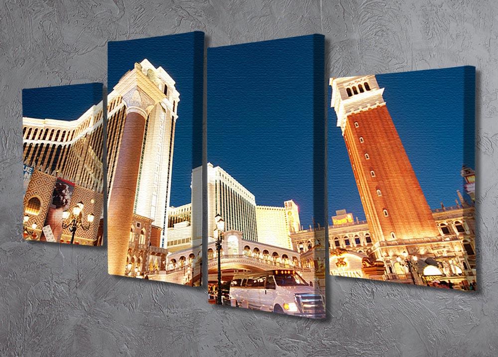 A vibrant 4-panel canvas artwork depicting night scenes from Las Vegas, showcasing colorful city lights and iconic landmarks.