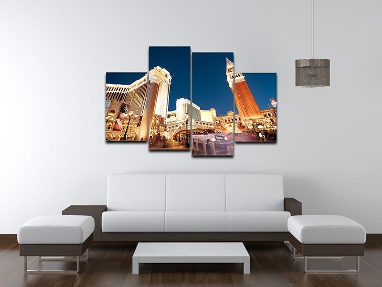 A vibrant 4-panel canvas artwork depicting night scenes from Las Vegas, showcasing colorful city lights and iconic landmarks.