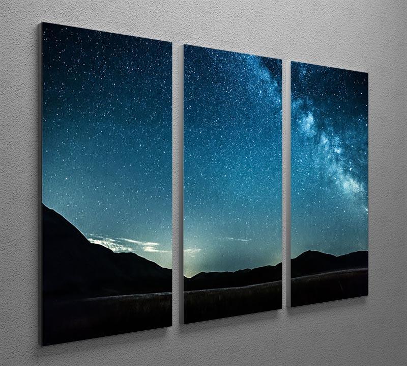 A stunning 3-panel canvas artwork depicting the Milky Way over majestic mountains, perfect for home decor.