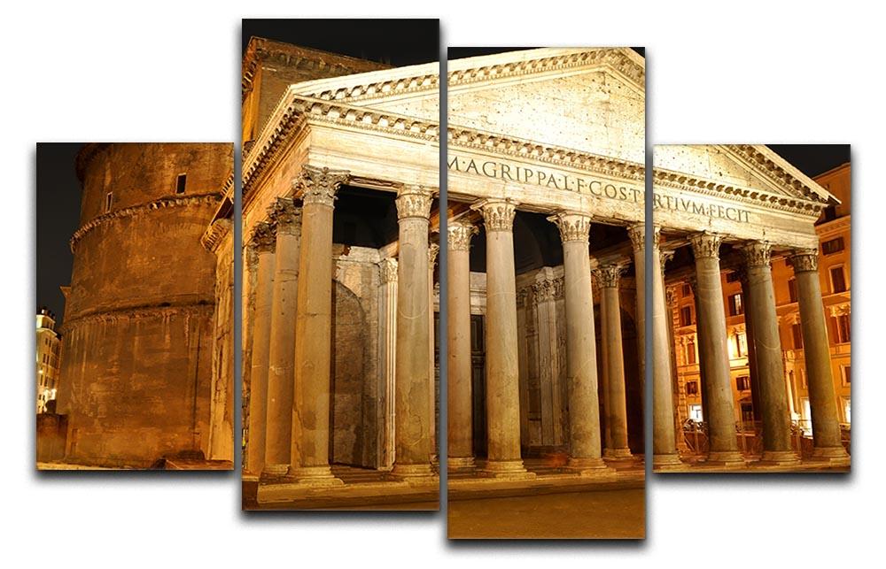 Night view of the Pantheon in Rome displayed on a 4 split panel canvas, showcasing its architectural beauty and vibrant colors.