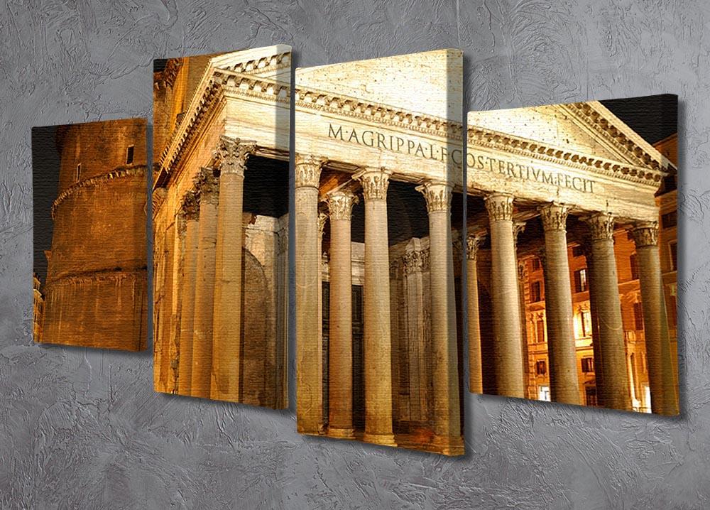Night view of the Pantheon in Rome displayed on a 4 split panel canvas, showcasing its architectural beauty and vibrant colors.