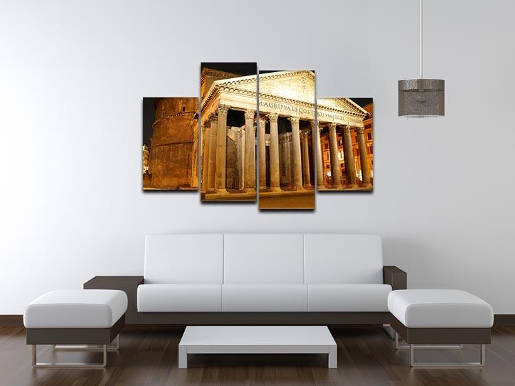 Night view of the Pantheon in Rome displayed on a 4 split panel canvas, showcasing its architectural beauty and vibrant colors.