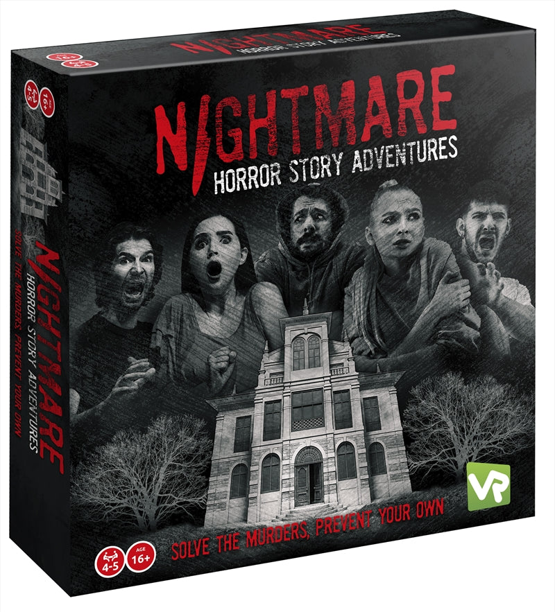 Nightmare Horror Adventures game setup featuring blindfolds, a killer mask, and an interactive app for immersive horror gameplay.