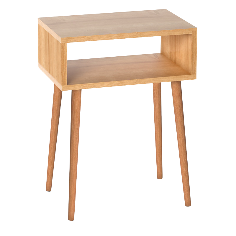 CLAUDIO Nightstand in pine oak finish with solid beech wood legs, featuring a spacious surface and a shelf for storage.