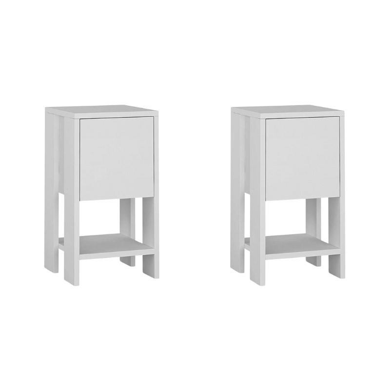 Set of two EMILIO white nightstands with cupboard and shelf, dimensions 30x30x55cm, showcasing modern design and eco-friendly materials.