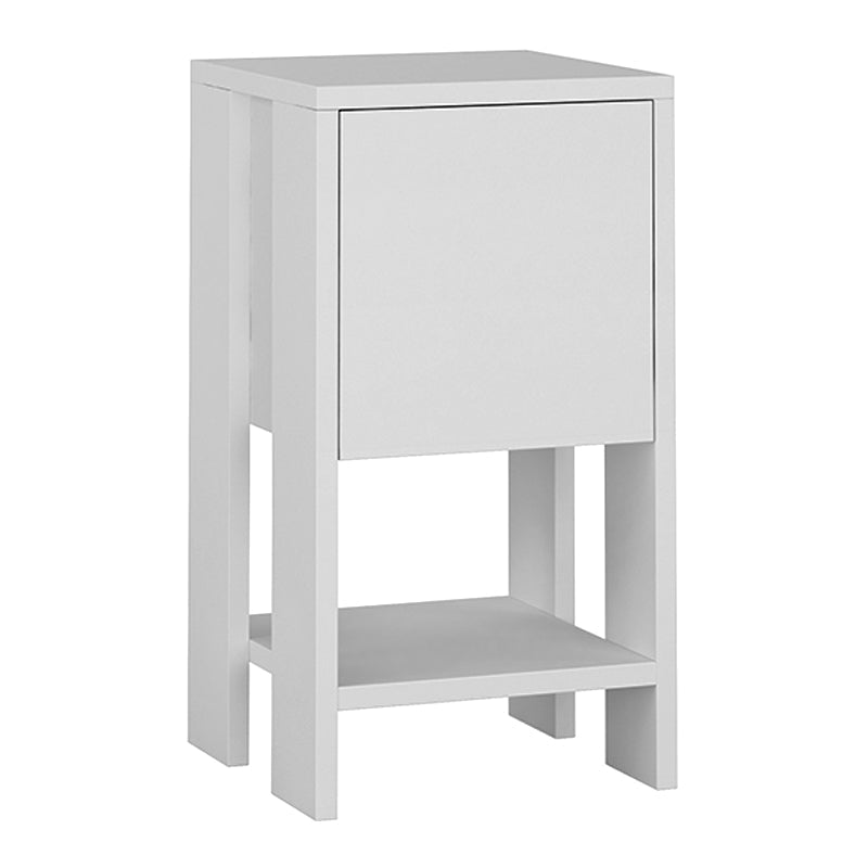 Set of two EMILIO white nightstands with cupboard and shelf, dimensions 30x30x55cm, showcasing modern design and eco-friendly materials.