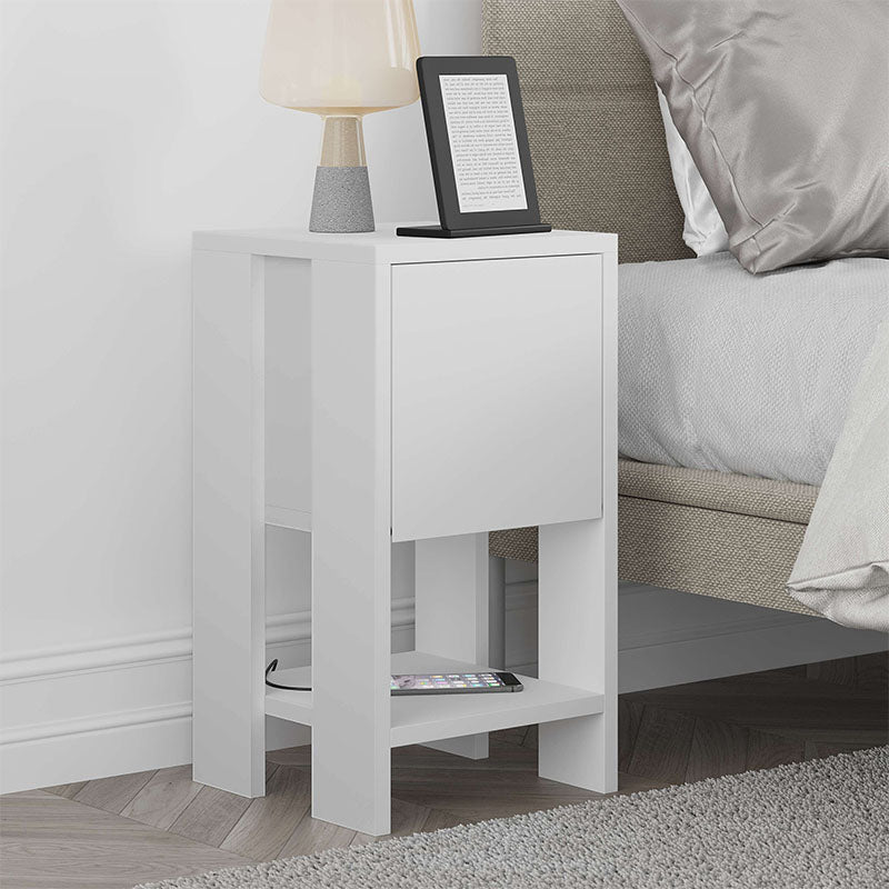 Set of two EMILIO white nightstands with cupboard and shelf, dimensions 30x30x55cm, showcasing modern design and eco-friendly materials.