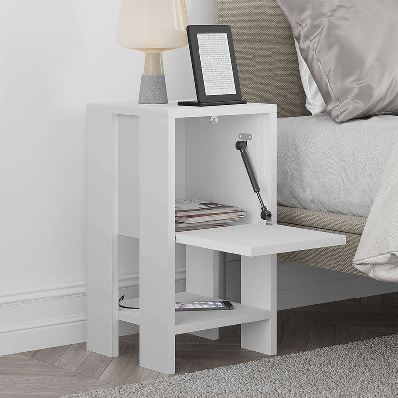 Set of two EMILIO white nightstands with cupboard and shelf, dimensions 30x30x55cm, showcasing modern design and eco-friendly materials.