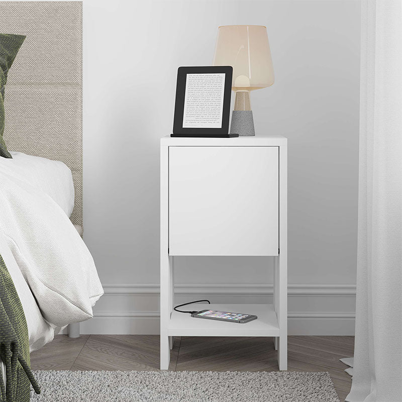 Set of two EMILIO white nightstands with cupboard and shelf, dimensions 30x30x55cm, showcasing modern design and eco-friendly materials.