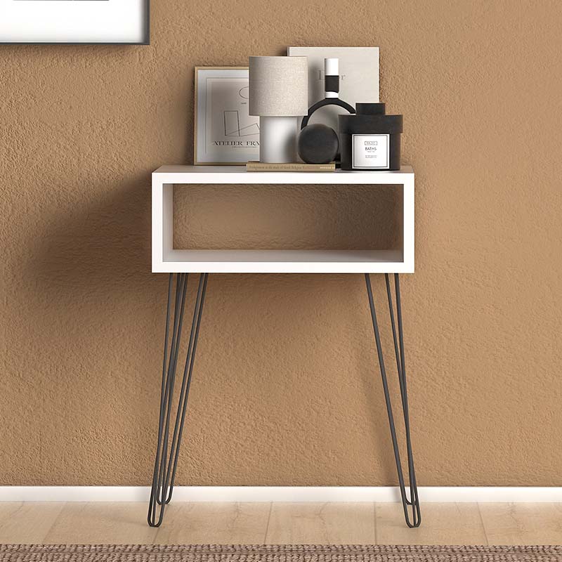 FIONA Nightstand in white with black metal legs, showcasing its sleek design and spacious top surface.