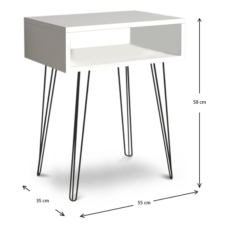 FIONA Nightstand in white with black metal legs, showcasing its sleek design and spacious top surface.