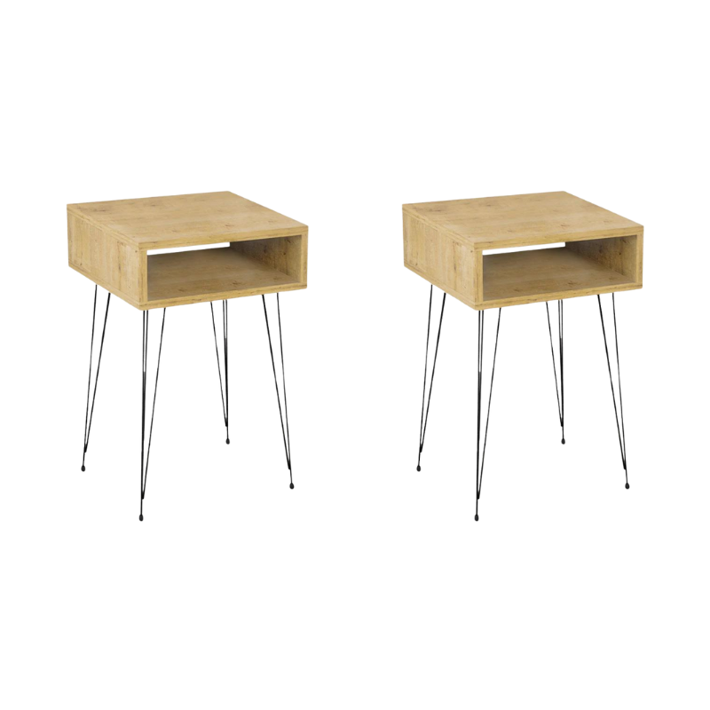 GABRIEL Oak Nightstand Set featuring a stylish oak finish and black metal legs, perfect for modern interiors.