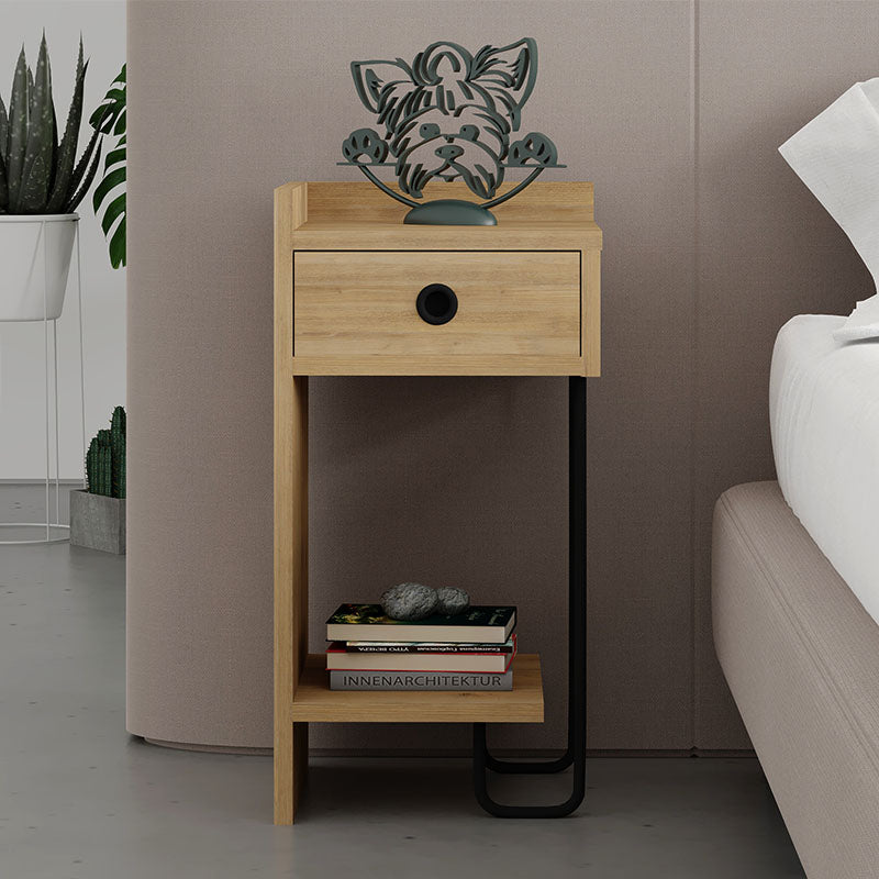 Stylish NIGHTSTAND HALF Oak left with melamine finish and metal foot, perfect for home or office use.