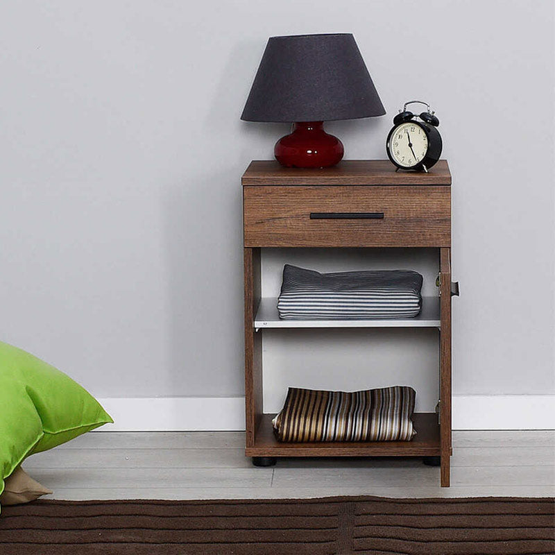 KRAMER Walnut Nightstand set featuring a drawer and cabinet, stylish design, and compact dimensions.