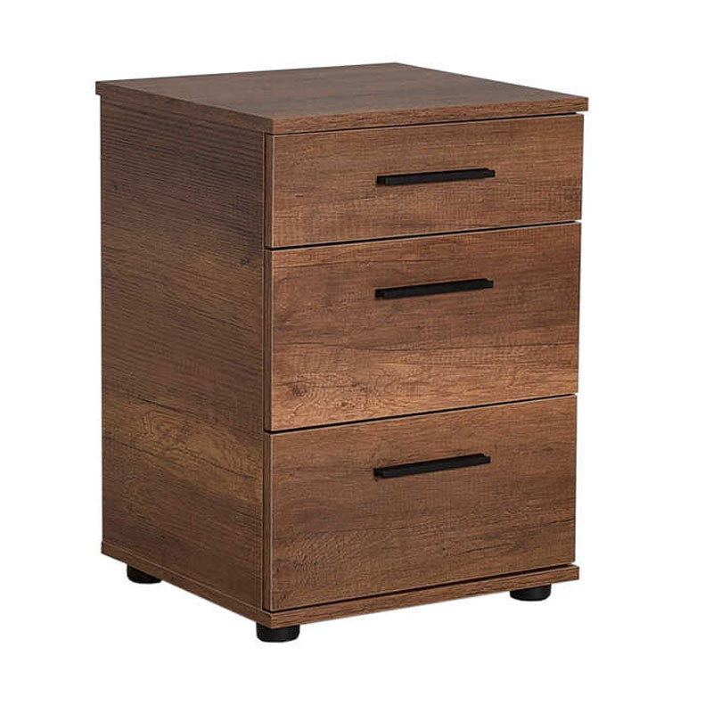 KRAMER Walnut Nightstand with three drawers, stylish design, and compact dimensions.