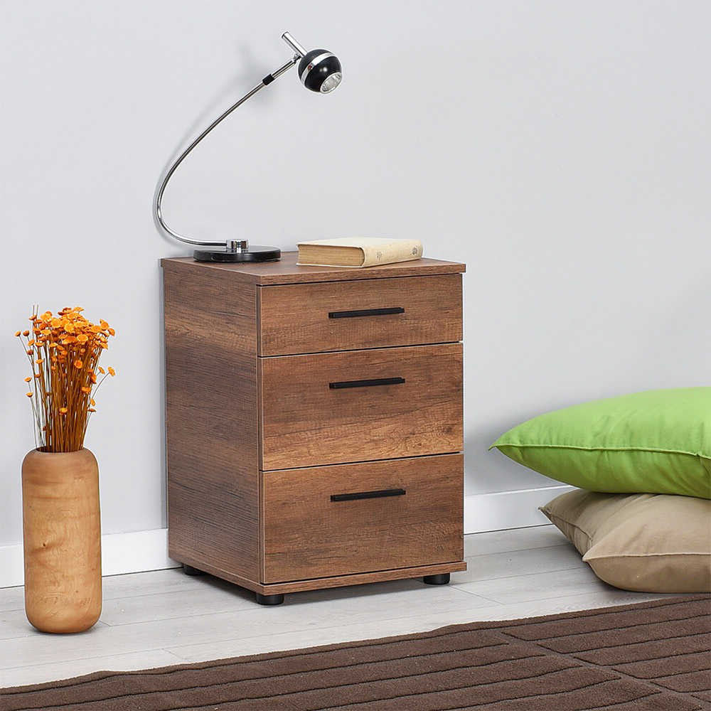 KRAMER Walnut Nightstand with three drawers, stylish design, and compact dimensions.