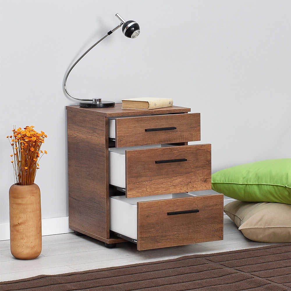 KRAMER Walnut Nightstand with three drawers, stylish design, and compact dimensions.