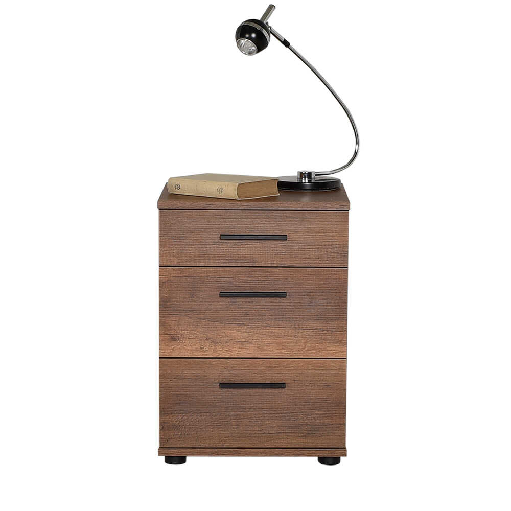 KRAMER Walnut Nightstand with three drawers, stylish design, and compact dimensions.