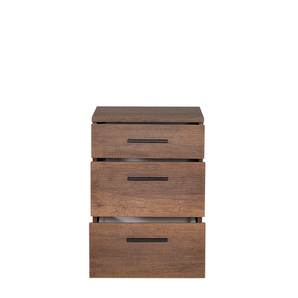 KRAMER Walnut Nightstand with three drawers, stylish design, and compact dimensions.
