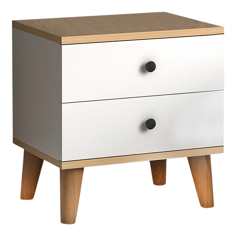 LAURA White Nightstand with oak finish, featuring two drawers and compact dimensions, perfect for modern bedrooms.