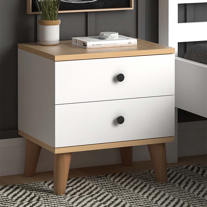 LAURA White Nightstand with oak finish, featuring two drawers and compact dimensions, perfect for modern bedrooms.