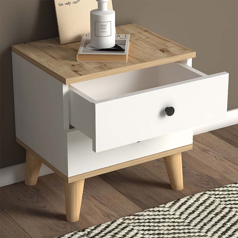 LAURA White Nightstand with oak finish, featuring two drawers and compact dimensions, perfect for modern bedrooms.