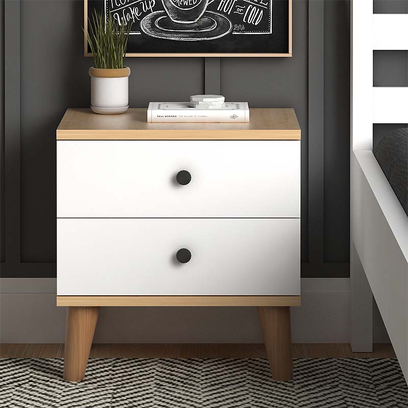 LAURA White Nightstand with oak finish, featuring two drawers and compact dimensions, perfect for modern bedrooms.