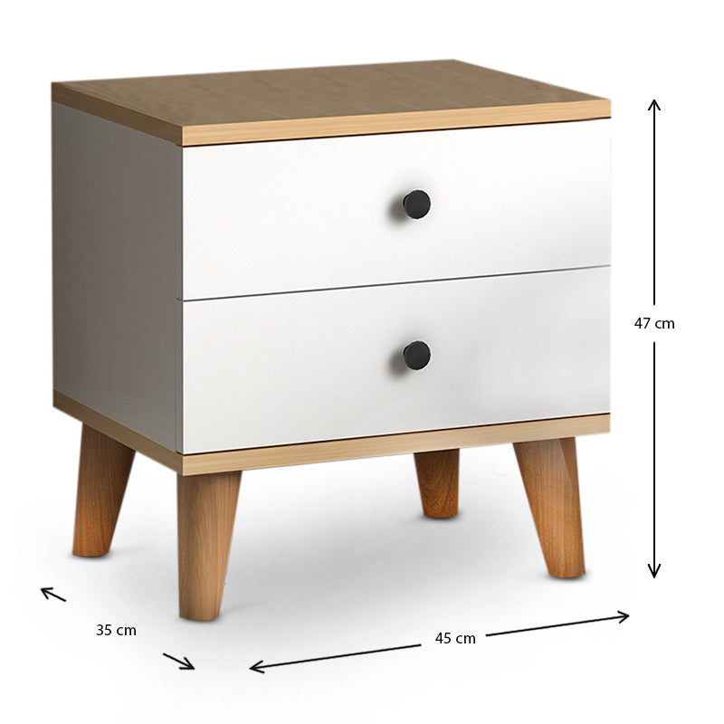 LAURA White Nightstand with oak finish, featuring two drawers and compact dimensions, perfect for modern bedrooms.