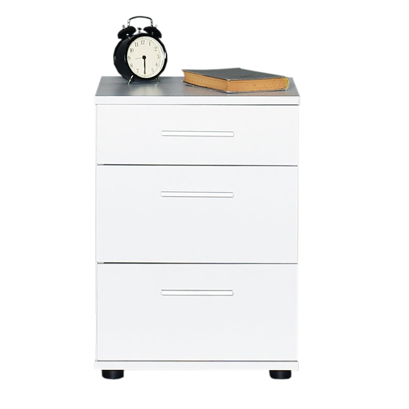 LUCKY White Nightstand Set featuring three drawers and a sleek melamine finish, perfect for bedroom or office use.