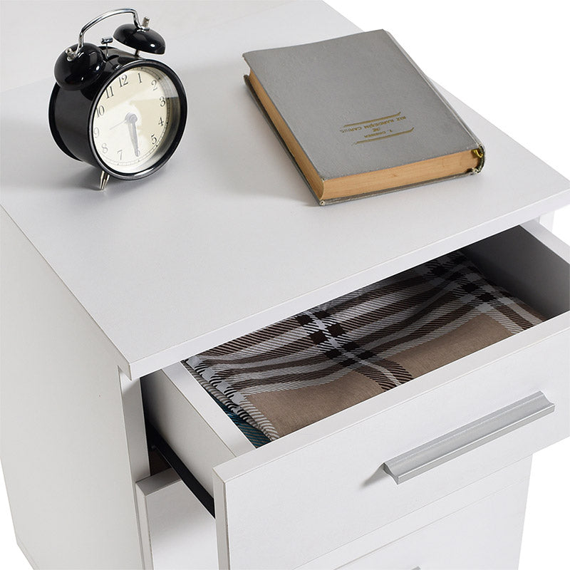 LUCKY White Nightstand Set featuring three drawers and a sleek melamine finish, perfect for bedroom or office use.