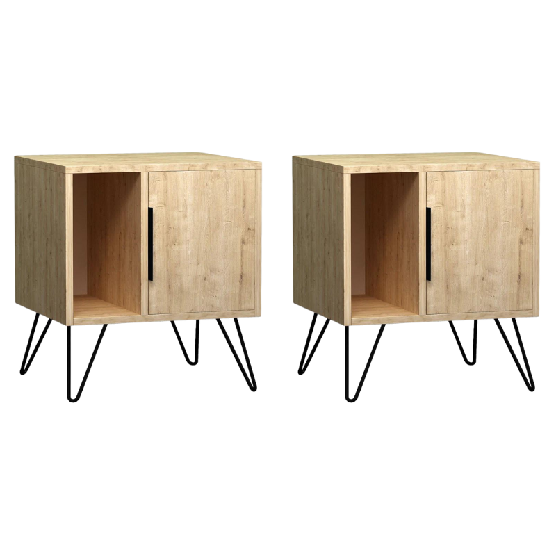 MARA Nightstand set in oak finish, featuring two stylish nightstands with metal legs and melamine construction, ideal for home or office use.