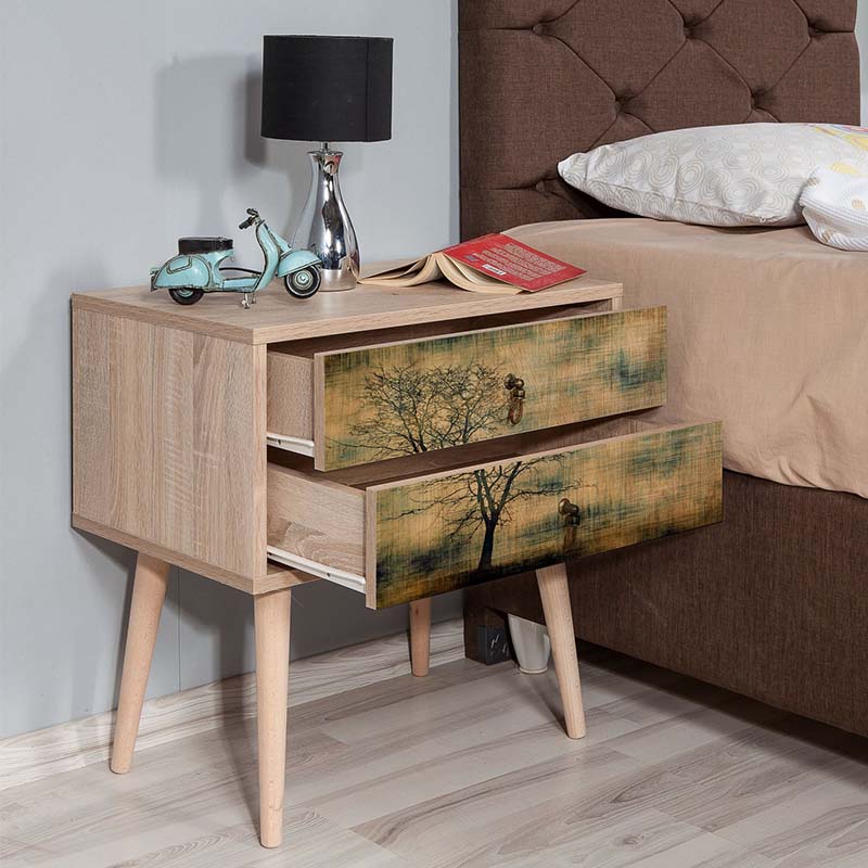 Modern RENATE Nightstand in sonoma finish with stylish design and wooden legs.