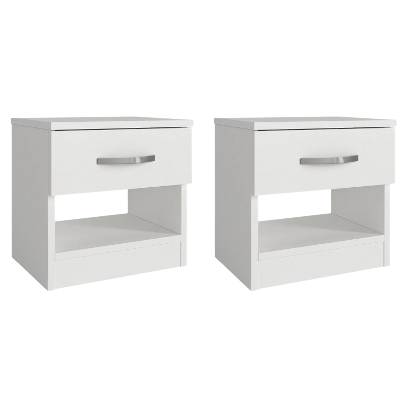 White SALOMEA Nightstand set, featuring two compact units with melamine finish, ideal for bedrooms or offices.