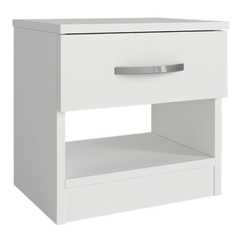 White SALOMEA Nightstand set, featuring two compact units with melamine finish, ideal for bedrooms or offices.