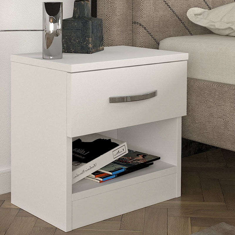 White SALOMEA Nightstand set, featuring two compact units with melamine finish, ideal for bedrooms or offices.