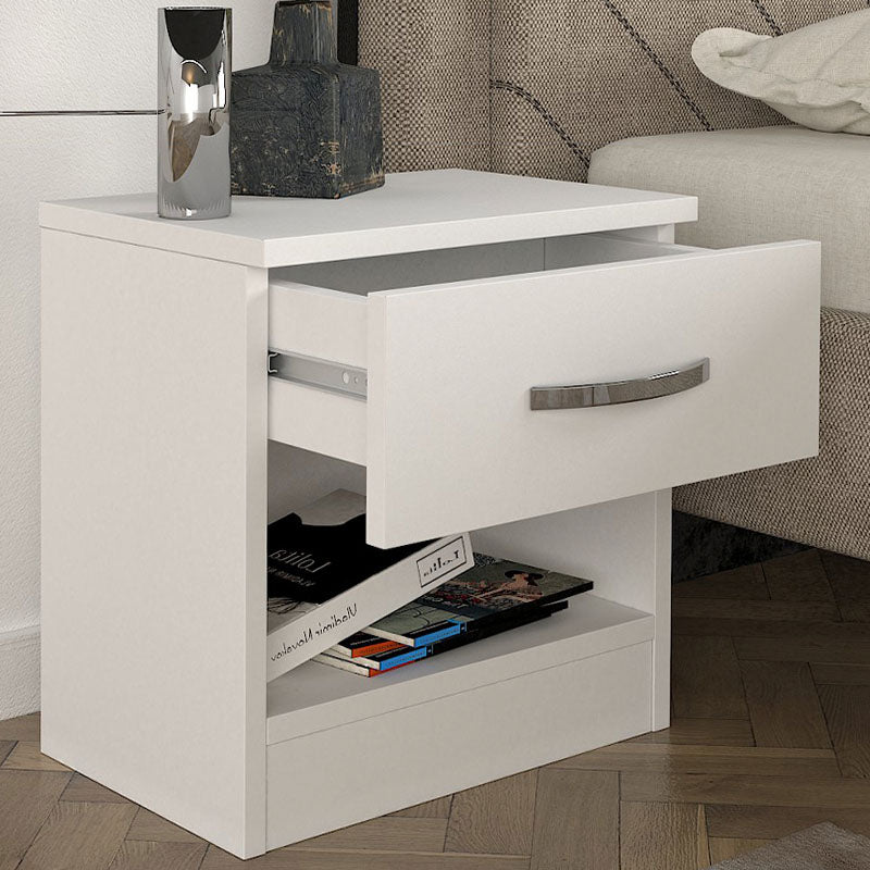 White SALOMEA Nightstand set, featuring two compact units with melamine finish, ideal for bedrooms or offices.