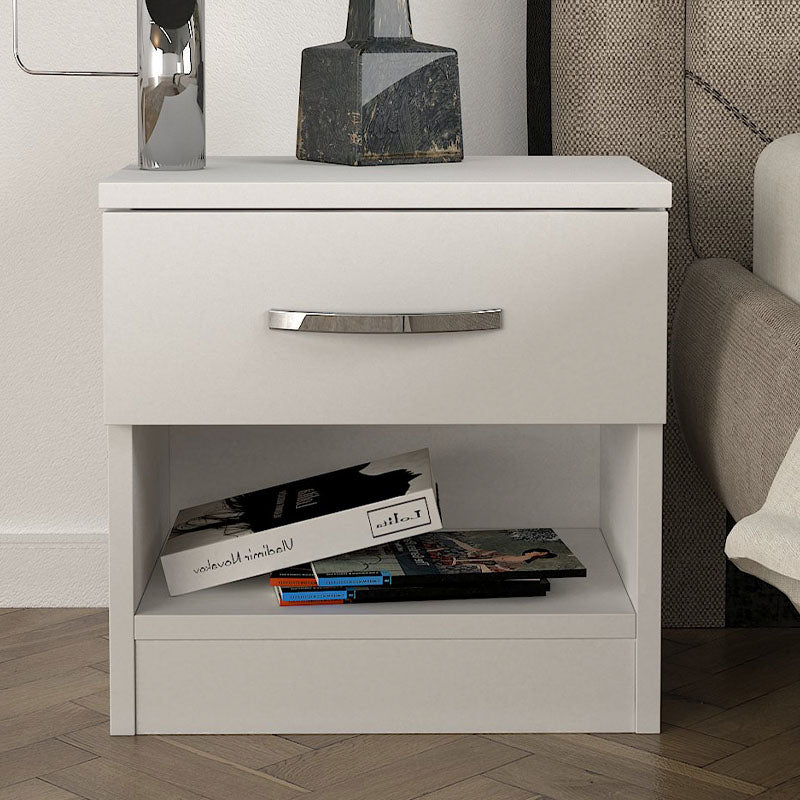 White SALOMEA Nightstand set, featuring two compact units with melamine finish, ideal for bedrooms or offices.
