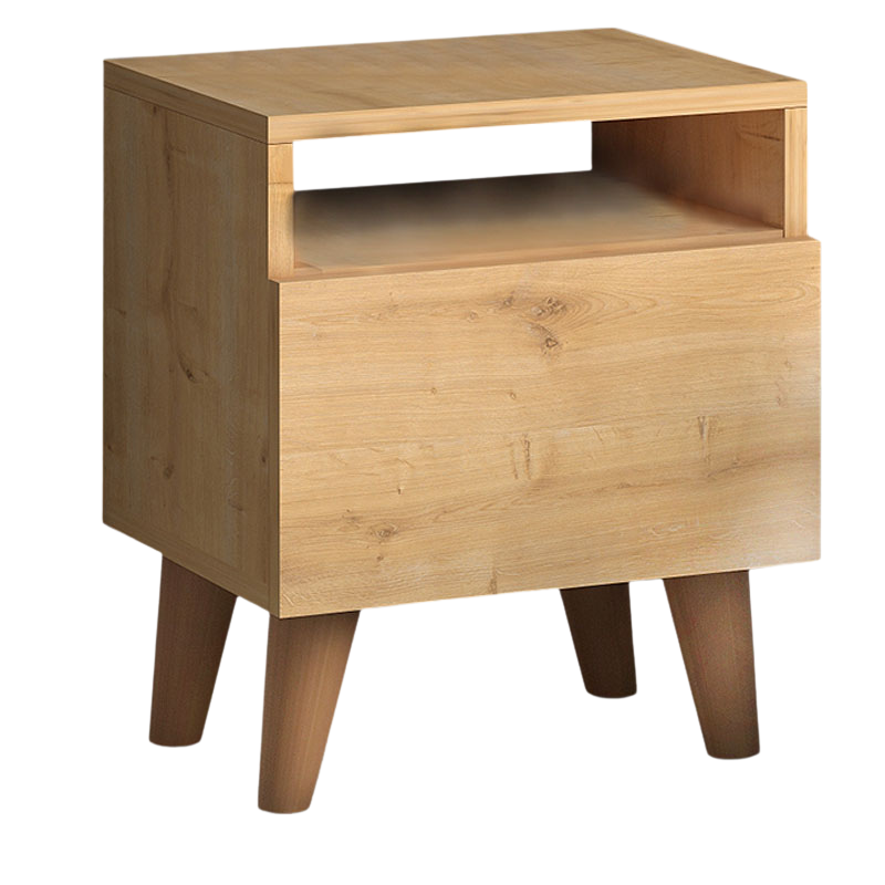 SILVIA Nightstand in oak finish with cupboard and shelf, showcasing modern design and compact dimensions.