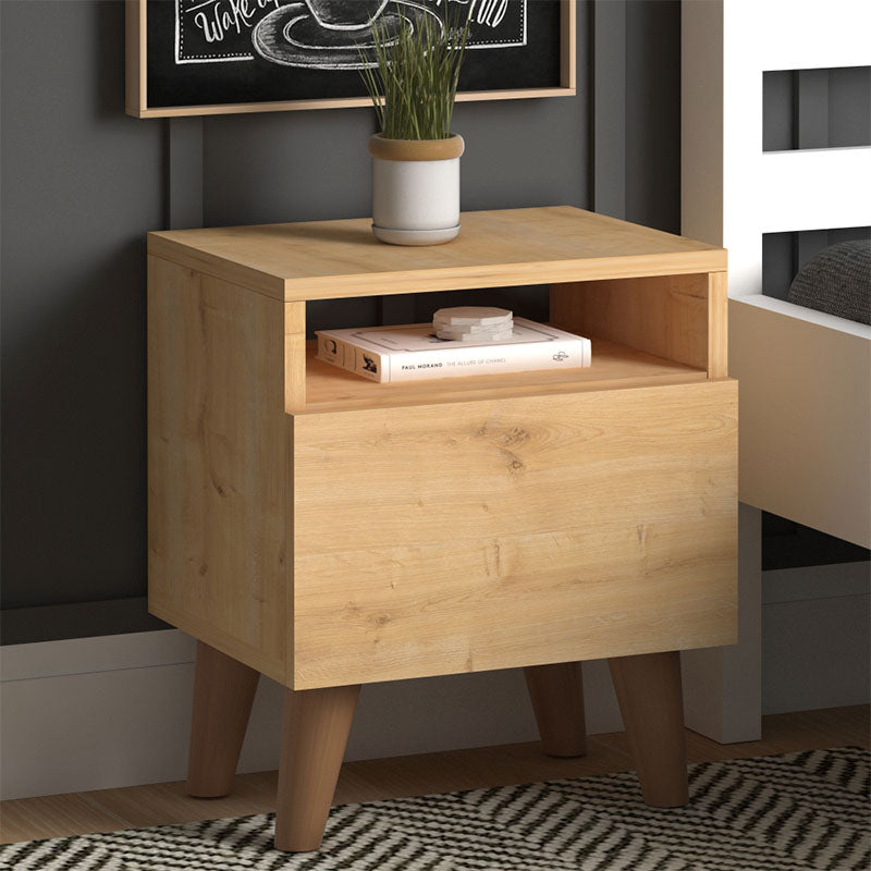 SILVIA Nightstand in oak finish with cupboard and shelf, showcasing modern design and compact dimensions.