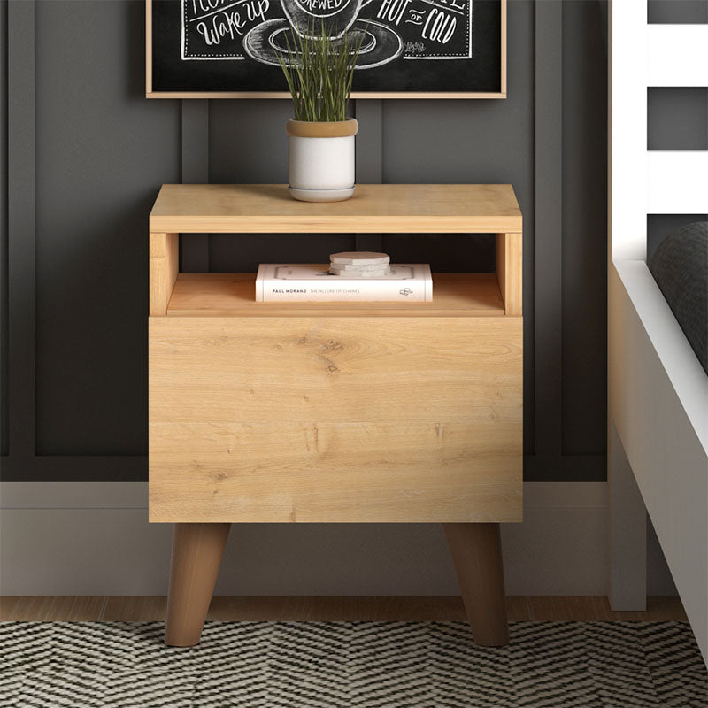 SILVIA Nightstand in oak finish with cupboard and shelf, showcasing modern design and compact dimensions.