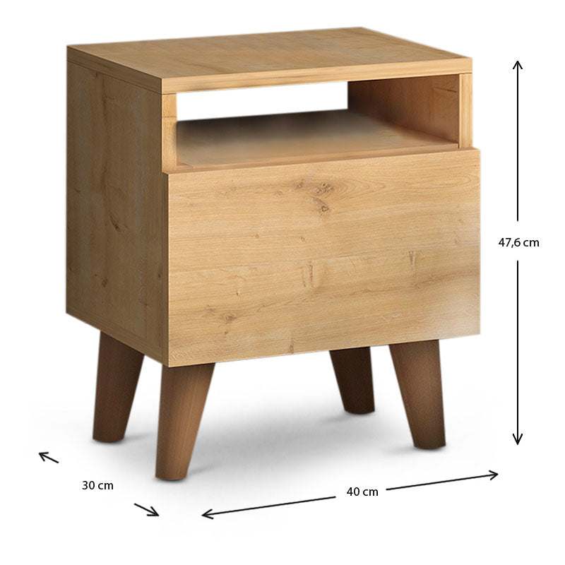 SILVIA Nightstand in oak finish with cupboard and shelf, showcasing modern design and compact dimensions.