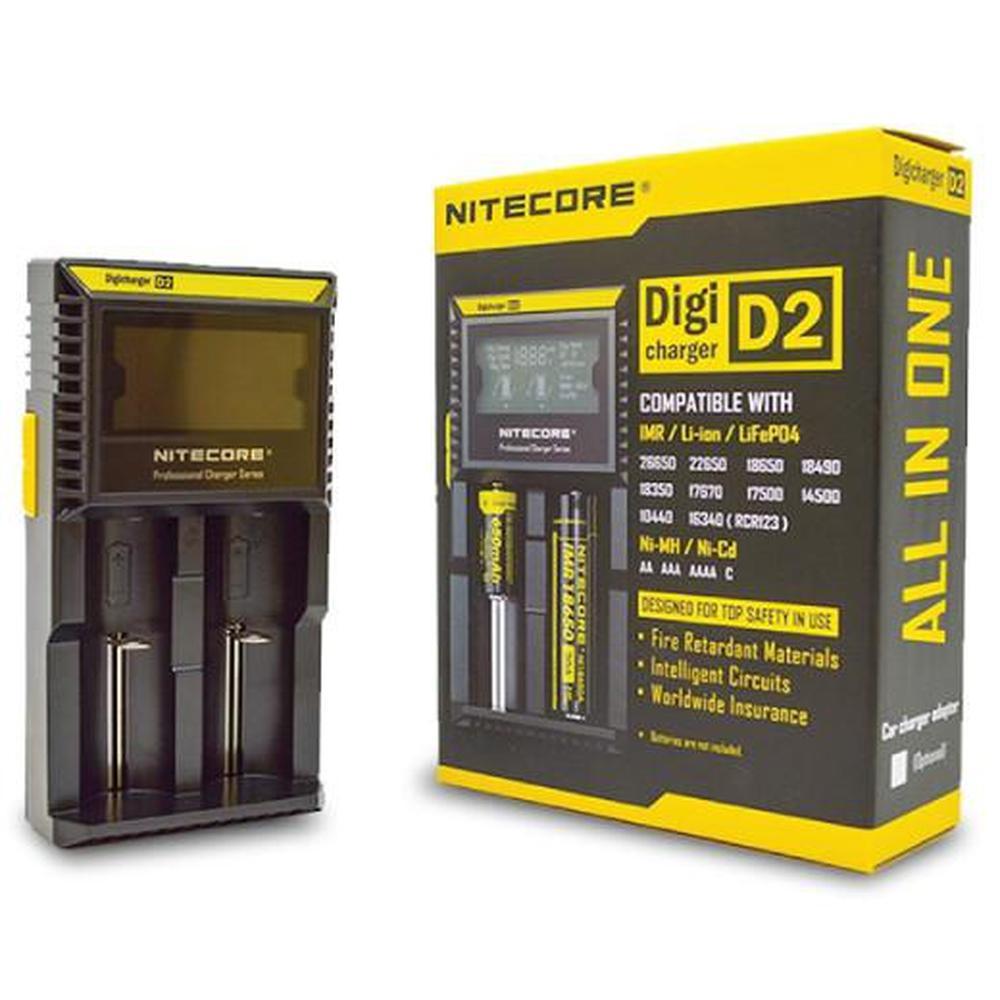 Nitecore D2 D4 Digicharger with LCD display, charging multiple batteries, showcasing its smart charging capabilities.