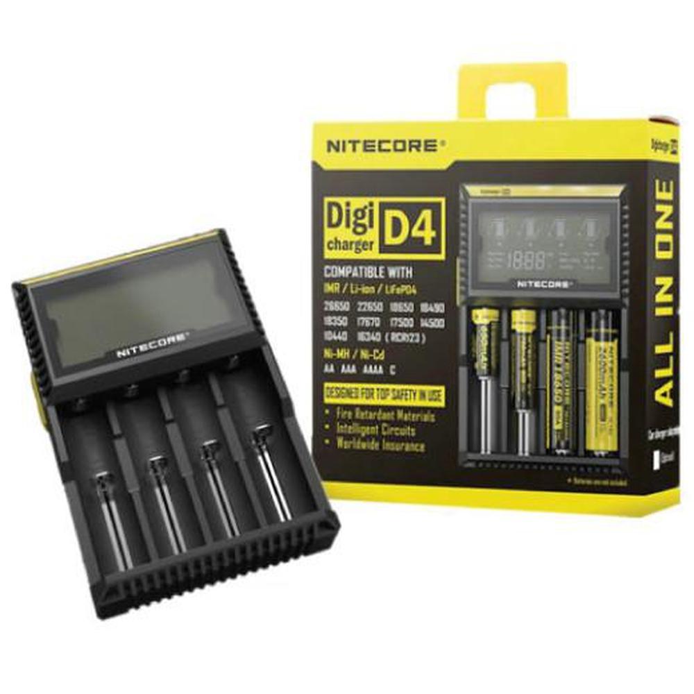 Nitecore D2 D4 Digicharger with LCD display, charging multiple batteries, showcasing its smart charging capabilities.